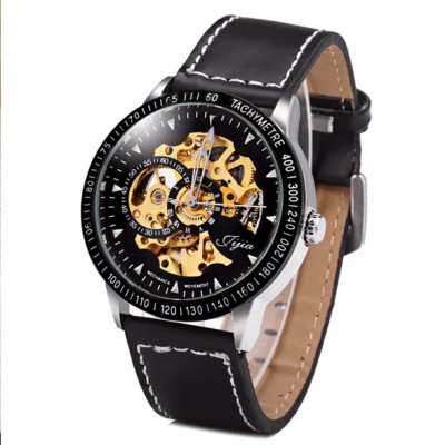 Jijia 8010 Automatic Mechanical Male Watch Hollow - out with Leather Strap Round Dial  - BLACK	