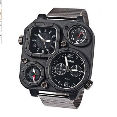 Military Men's Double Schedule Analog Watch With Thermometer and Compass - Black