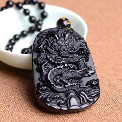 Natural Obsidian Pendant with Bead Necklace Black A Carved Zodiac Dragon Jade Fine Carving Chinese Mascot Amulet 